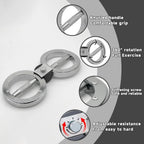 Fitness tool with knurled handle, 360-degree rotation, stiffening screw, and adjustable resistance on a gray background.