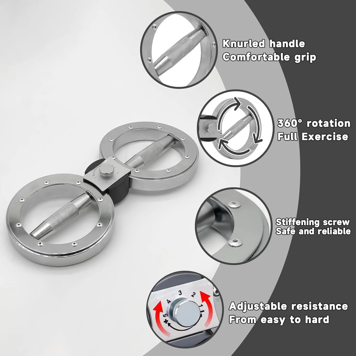 Fitness tool with knurled handle, 360-degree rotation, stiffening screw, and adjustable resistance on a gray background.