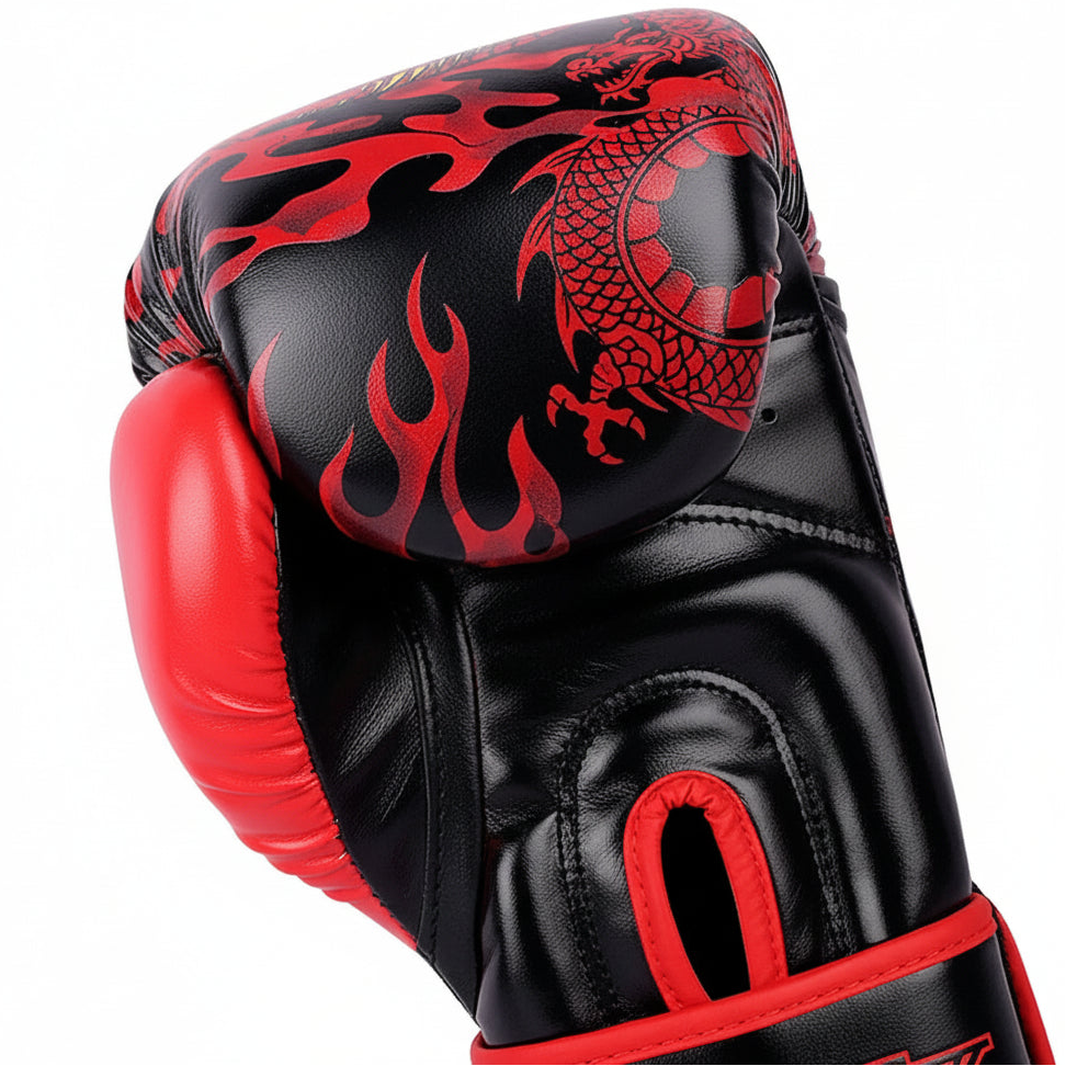 Black and red boxing glove on a white background