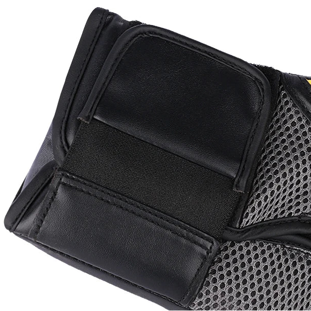 Black and gray protective gear with text about hook and loop fastener