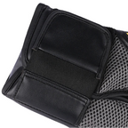 Black and gray protective gear with text about hook and loop fastener