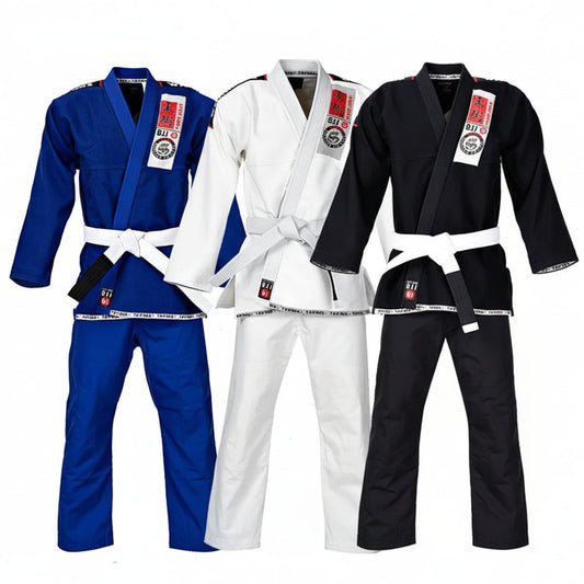 Three Brazilian Jiu-Jitsu uniforms in blue, white, and black on a white background.