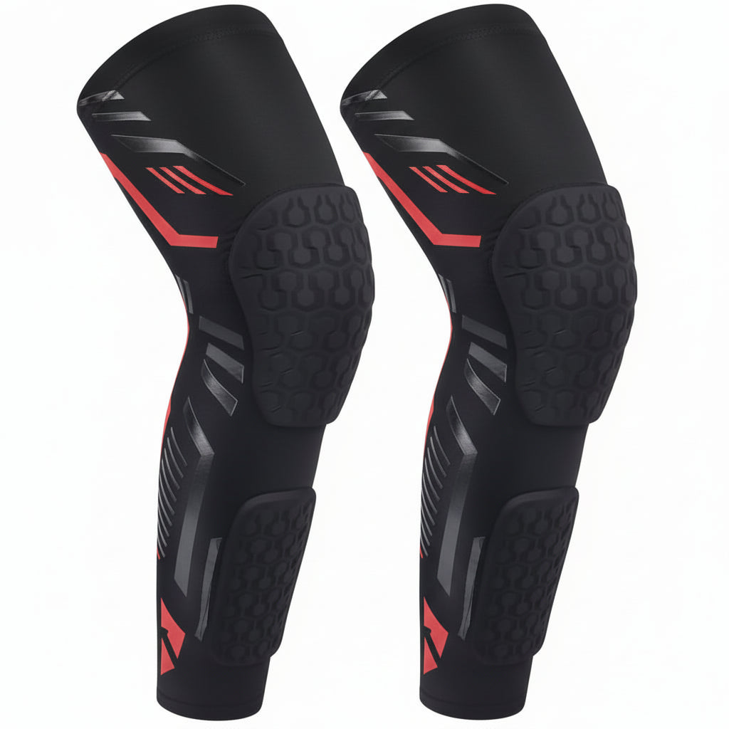 Black and red compression leg sleeves on a white background
