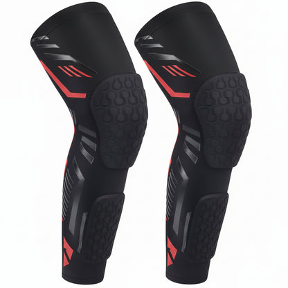 Black and red compression leg sleeves on a white background