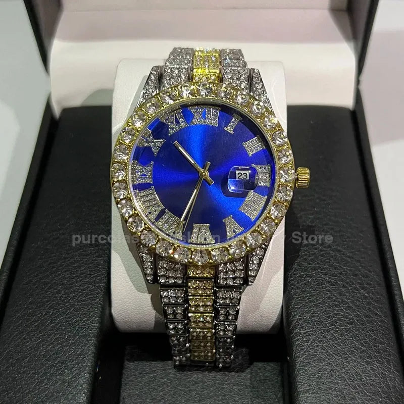 Luxury Men's Diamond Watch – Emerald, Red & Blue Dial | Roman Numerals & Quartz Movement - FitZone360