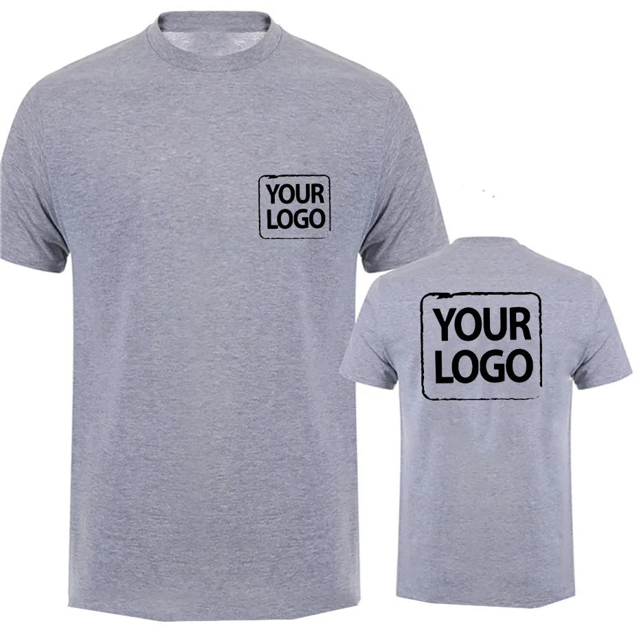 Heather gray short-sleeve t-shirt shown from both front and back, with a black rectangular 'YOUR LOGO' placeholder print on the chest and back.