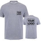 Heather gray short-sleeve t-shirt shown from both front and back, with a black rectangular 'YOUR LOGO' placeholder print on the chest and back.
