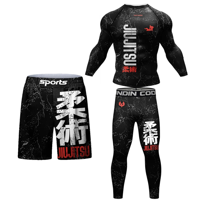 Black martial arts uniform with 'Jiu Jitsu' text and logos on a white background