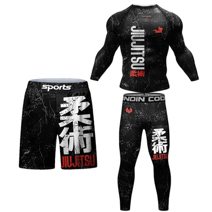 Black martial arts uniform with 'Jiu Jitsu' text and logos on a white background