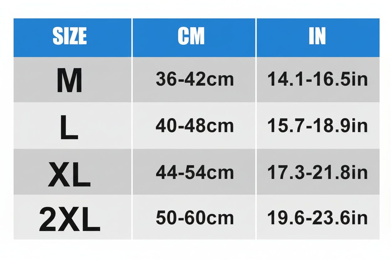 Size chart converting measurements from centimeters to inches for different size categories.