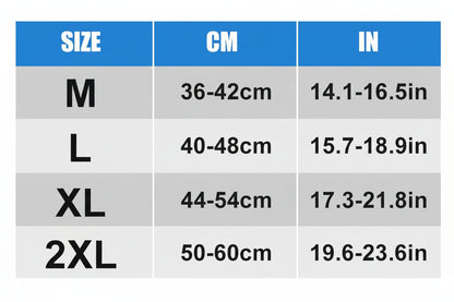 Size chart converting measurements from centimeters to inches for different size categories.