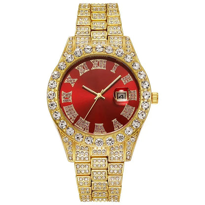 Luxury Men's Diamond Watch – Emerald, Red & Blue Dial | Roman Numerals & Quartz Movement - FitZone360