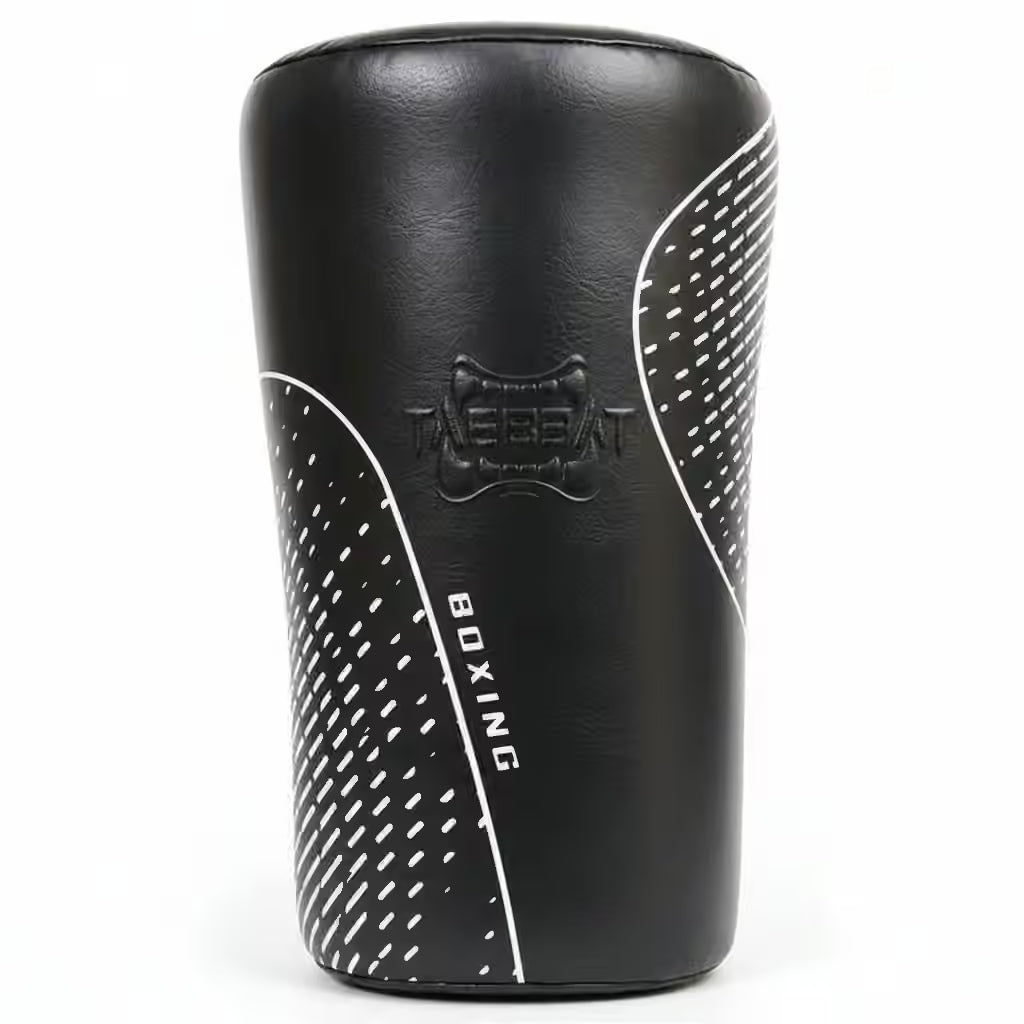 Black boxing shin guard with white patterns on a white background