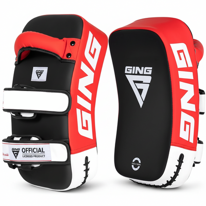 Red and black martial arts protective gear with 'GING' branding on a white background