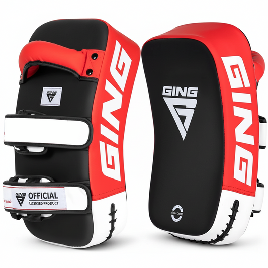Red and black martial arts protective gear with 'GING' branding on a white background