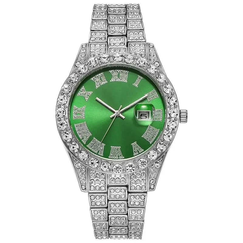 Luxury Men's Diamond Watch – Emerald, Red & Blue Dial | Roman Numerals & Quartz Movement - FitZone360