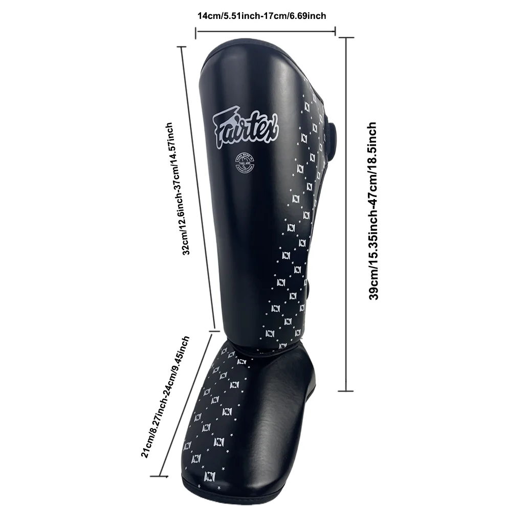 Black shin guard with measurements on a white background