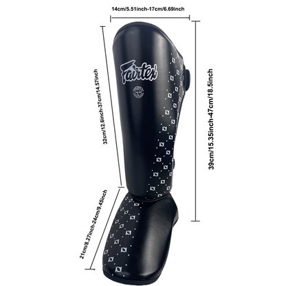 Black shin guard with measurements on a white background