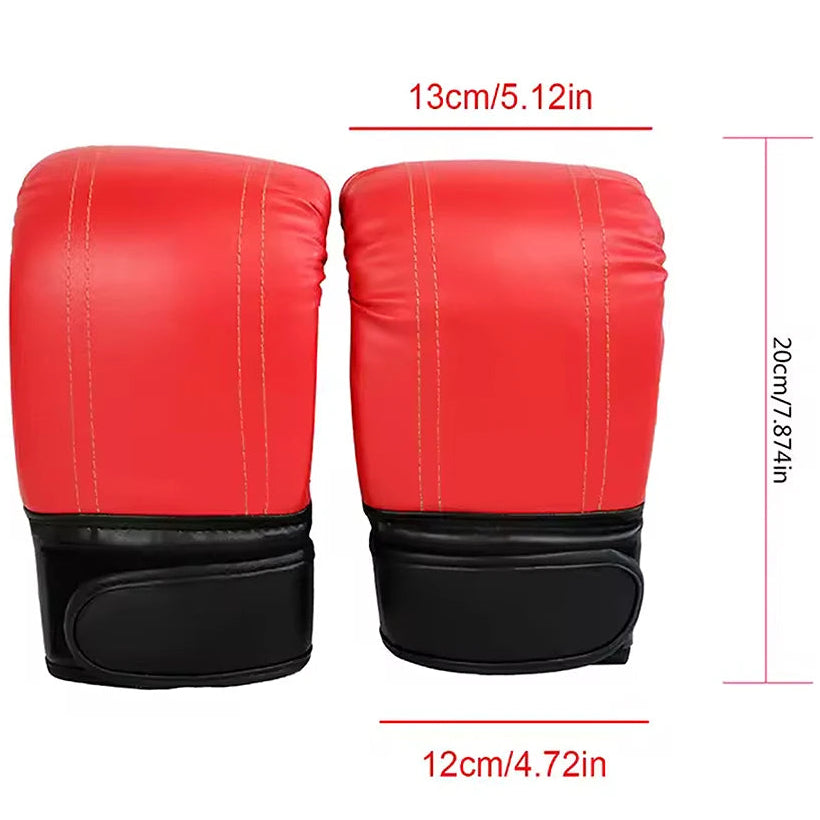 Red and black boxing gloves with measurements on a white background
