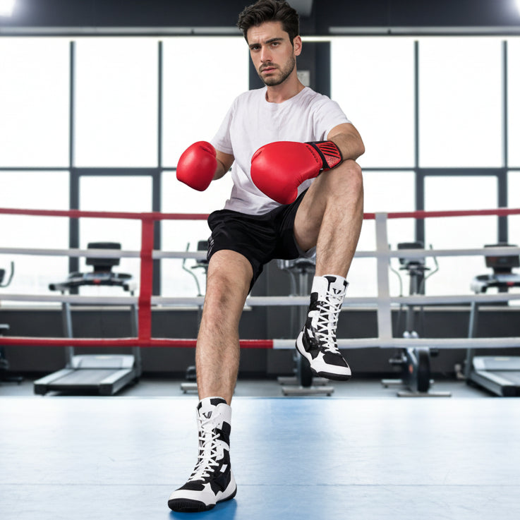 Man sitting on a boxing ring wearing red boxing gloves and black and white shoes.