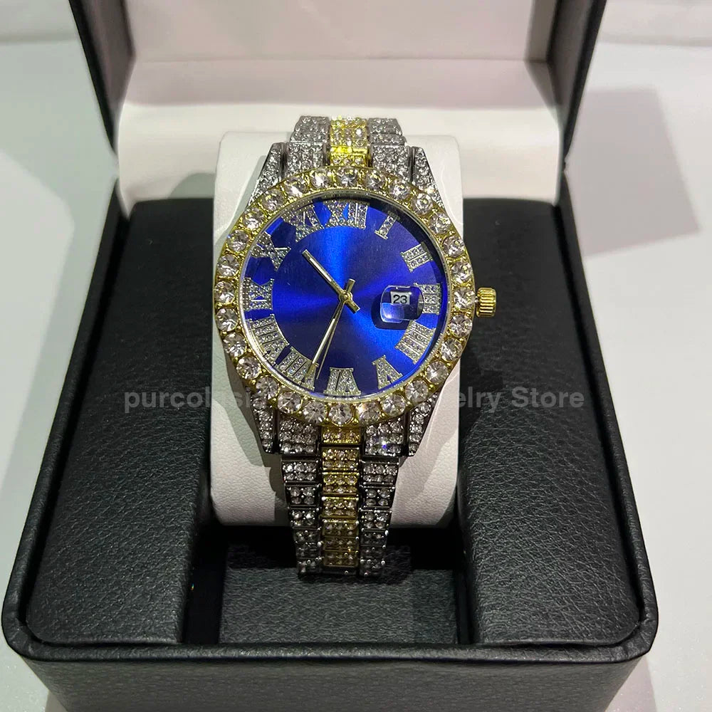 Luxury Men's Diamond Watch – Emerald, Red & Blue Dial | Roman Numerals & Quartz Movement - FitZone360