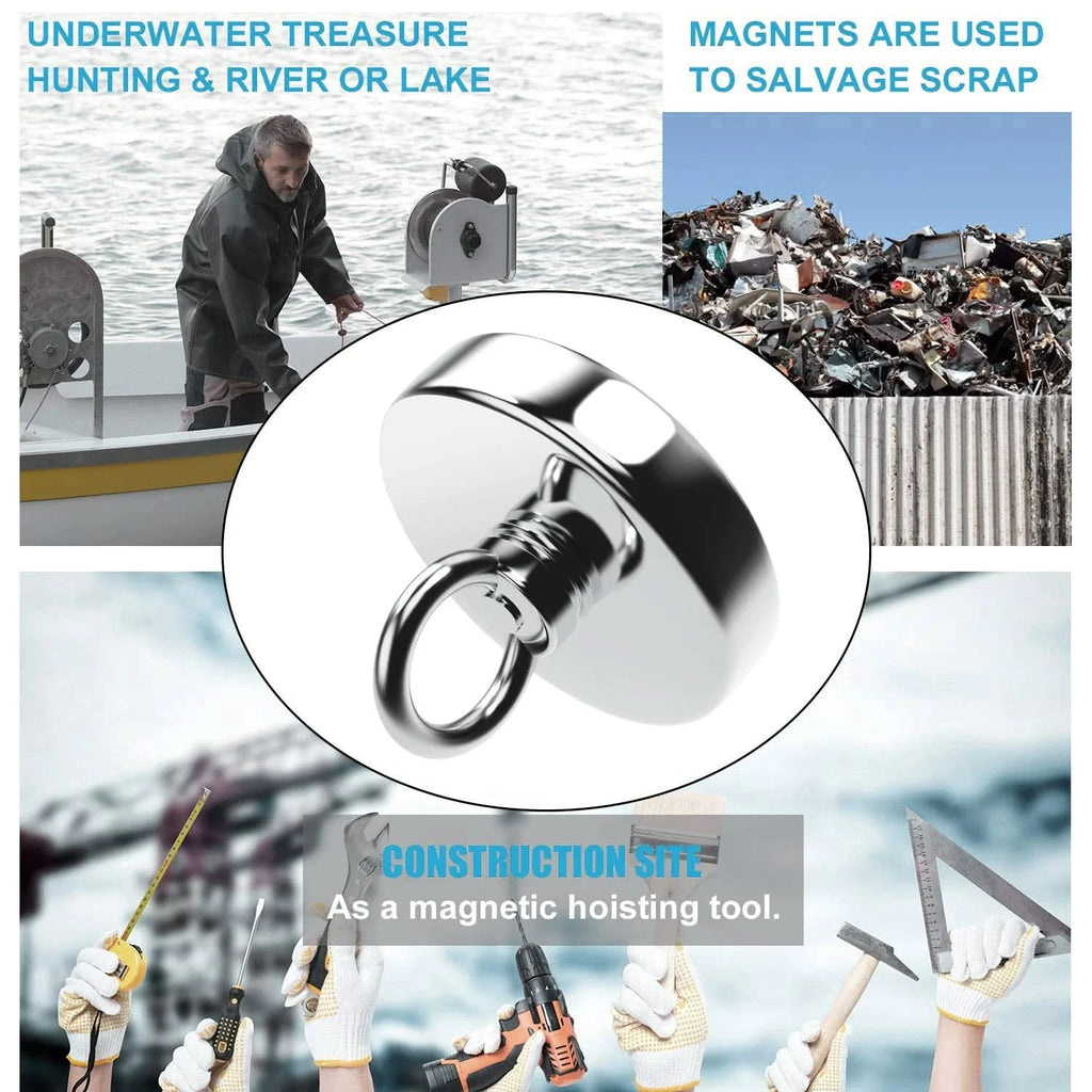 Heavy-Duty Neodymium Salvage Magnet | Strong Fishing Magnet with Ring Eyebolt for Deep Sea Treasure Fishing - FitZone360