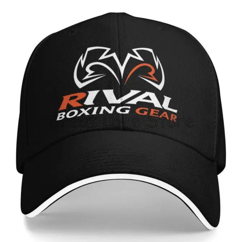 Rival black baseball cap featuring a white and orange embroidered logo that reads 'RIVAL BOXING GEAR' on the front, with a white contrast trim along the curved brim, shown against a plain white background.