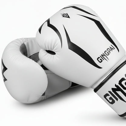 White boxing gloves with black designs and 'Gingpai Boxing' branding on a white background