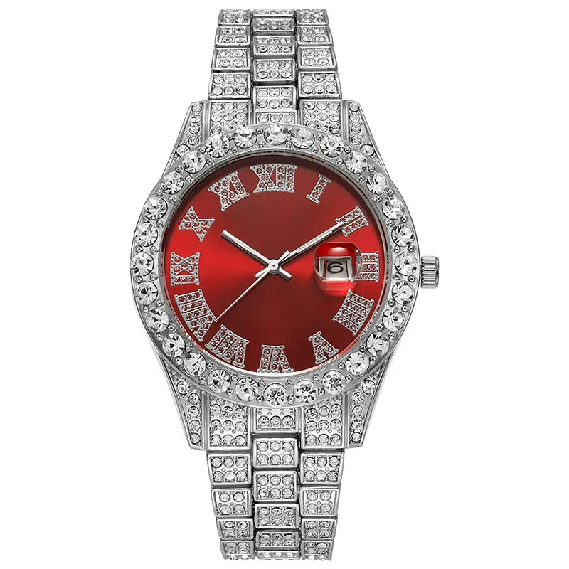 Luxury Men's Diamond Watch – Emerald, Red & Blue Dial | Roman Numerals & Quartz Movement - FitZone360