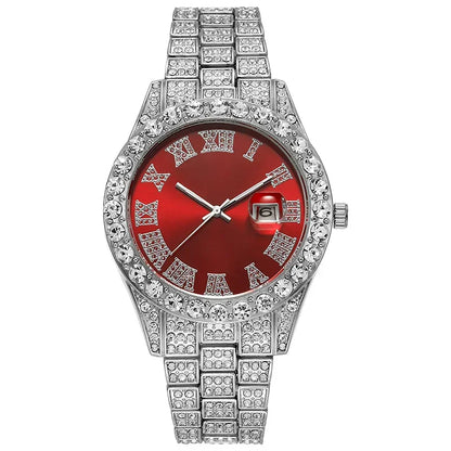 Luxury Men's Diamond Watch – Emerald, Red & Blue Dial | Roman Numerals & Quartz Movement - FitZone360