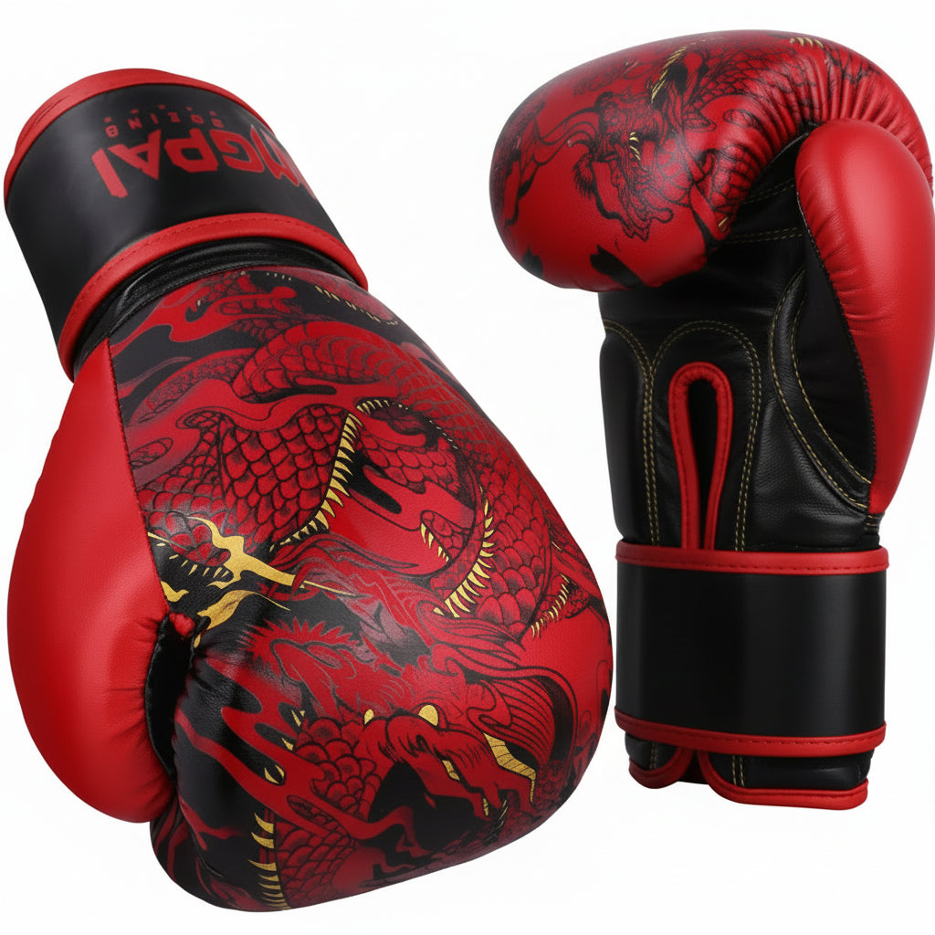 Red and black boxing gloves with dragon design on a gray background