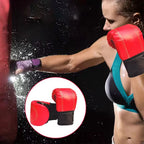 Woman in red boxing gloves punching a bag with a close-up inset of the gloves.
