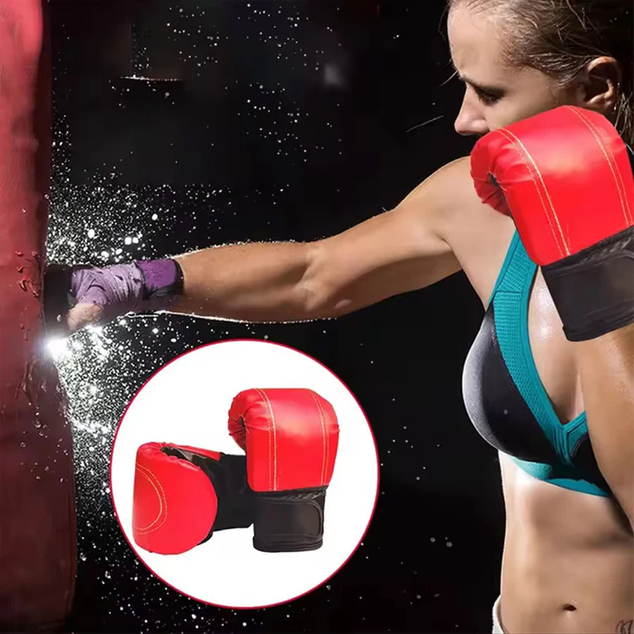 Woman in red boxing gloves punching a bag with a close-up inset of the gloves.
