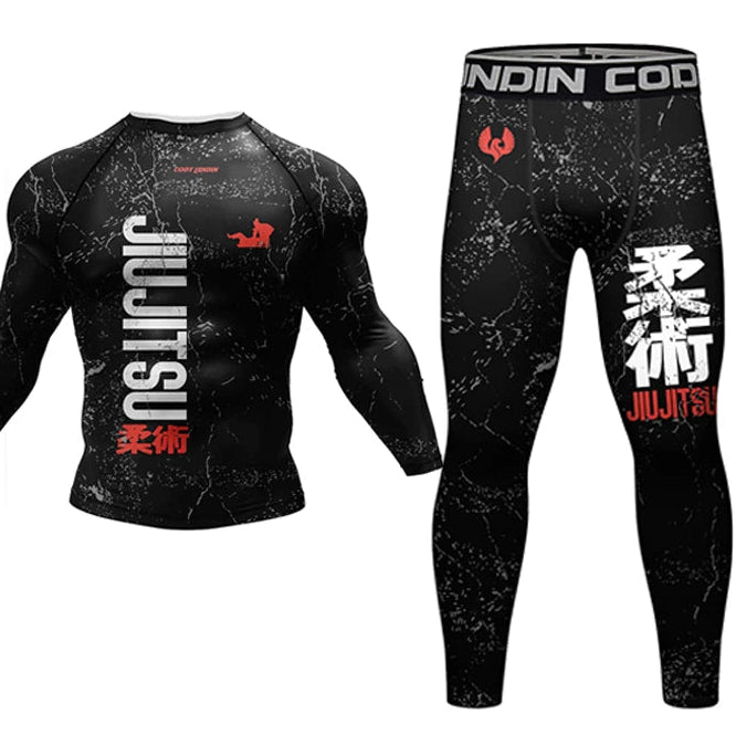 Black Jiu Jitsu compression shirt and pants with red and white text on a white background