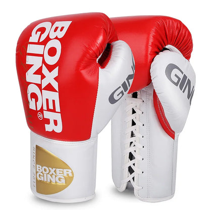 Red and white boxing gloves with 'Boxer Ging' branding on a white background