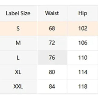 A size chart table on the left showing waist, hip, pants length, and inseam measurements for sizes S through XXL, alongside a pair of black shorts on the right.
