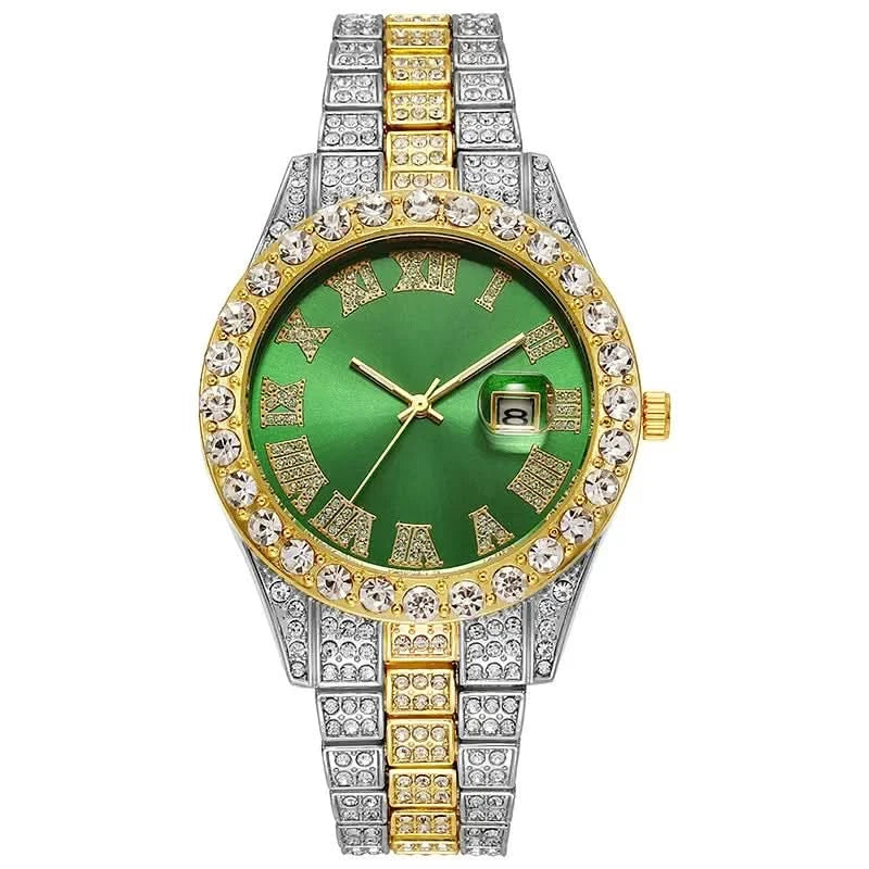 Luxury Men's Diamond Watch – Emerald, Red & Blue Dial | Roman Numerals & Quartz Movement - FitZone360