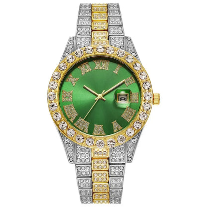 Luxury Men's Diamond Watch – Emerald, Red & Blue Dial | Roman Numerals & Quartz Movement - FitZone360
