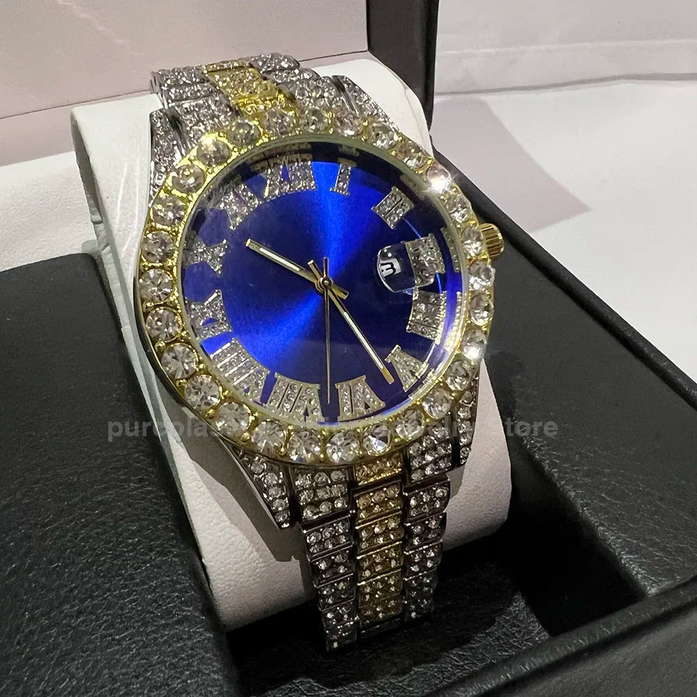 Luxury Men's Diamond Watch – Emerald, Red & Blue Dial | Roman Numerals & Quartz Movement - FitZone360
