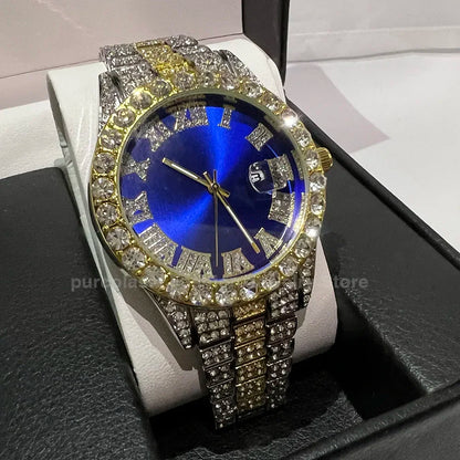 Luxury Men's Diamond Watch – Emerald, Red & Blue Dial | Roman Numerals & Quartz Movement - FitZone360