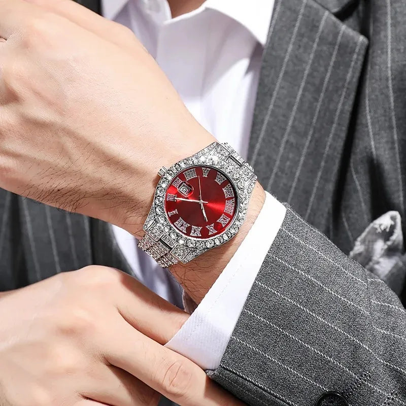 Luxury Men's Diamond Watch – Emerald, Red & Blue Dial | Roman Numerals & Quartz Movement - FitZone360