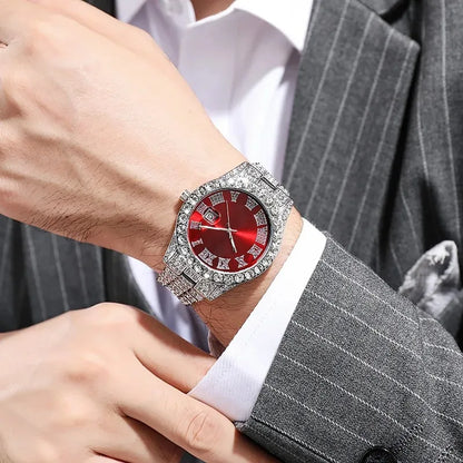 Luxury Men's Diamond Watch – Emerald, Red & Blue Dial | Roman Numerals & Quartz Movement - FitZone360