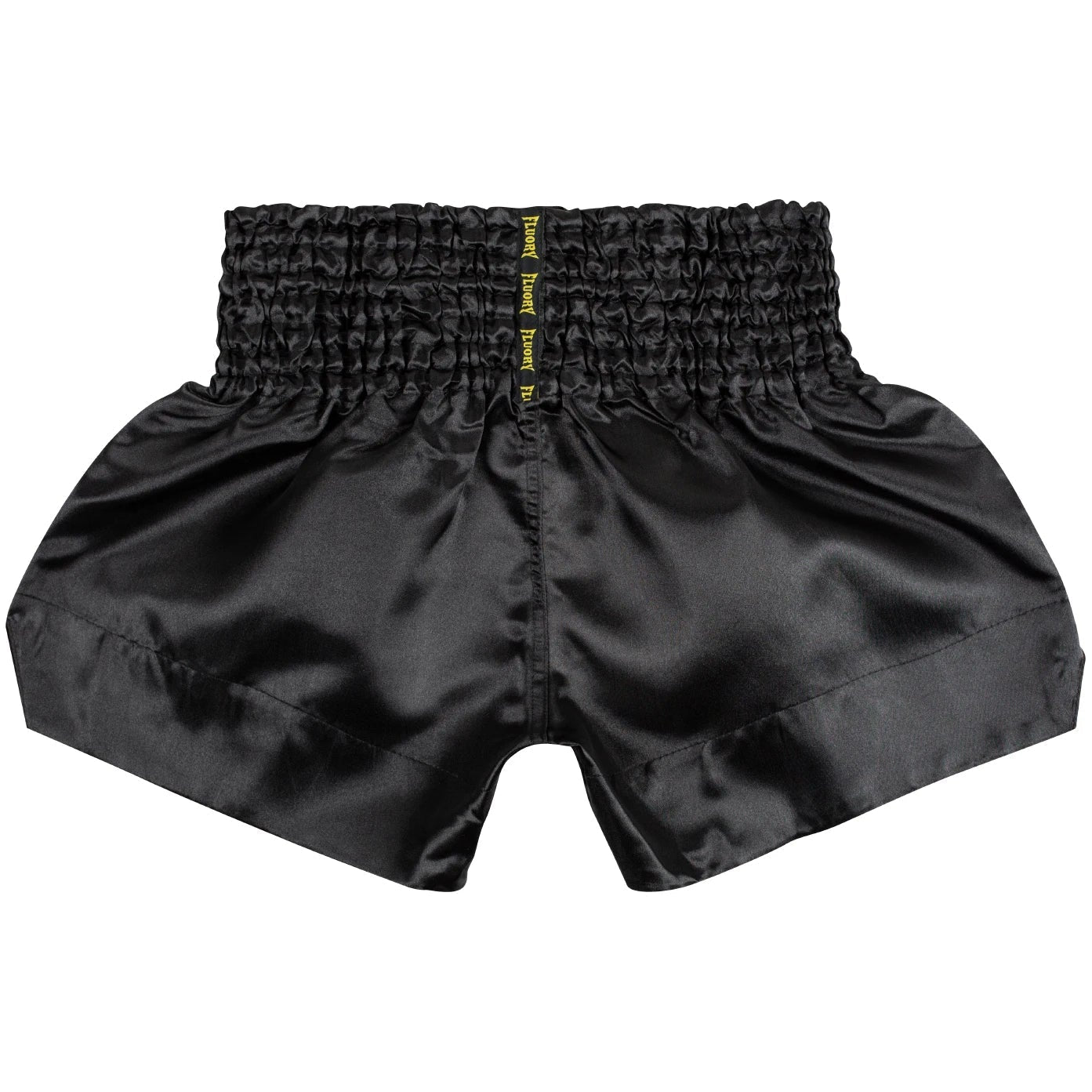 Black athletic shorts with a branded logo on a white background