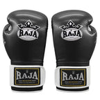 Pair of black boxing gloves with Raja Boxing logo on a white background