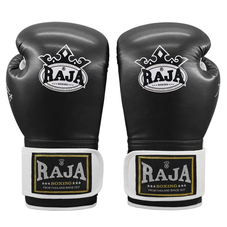 Pair of black boxing gloves with Raja Boxing logo on a white background