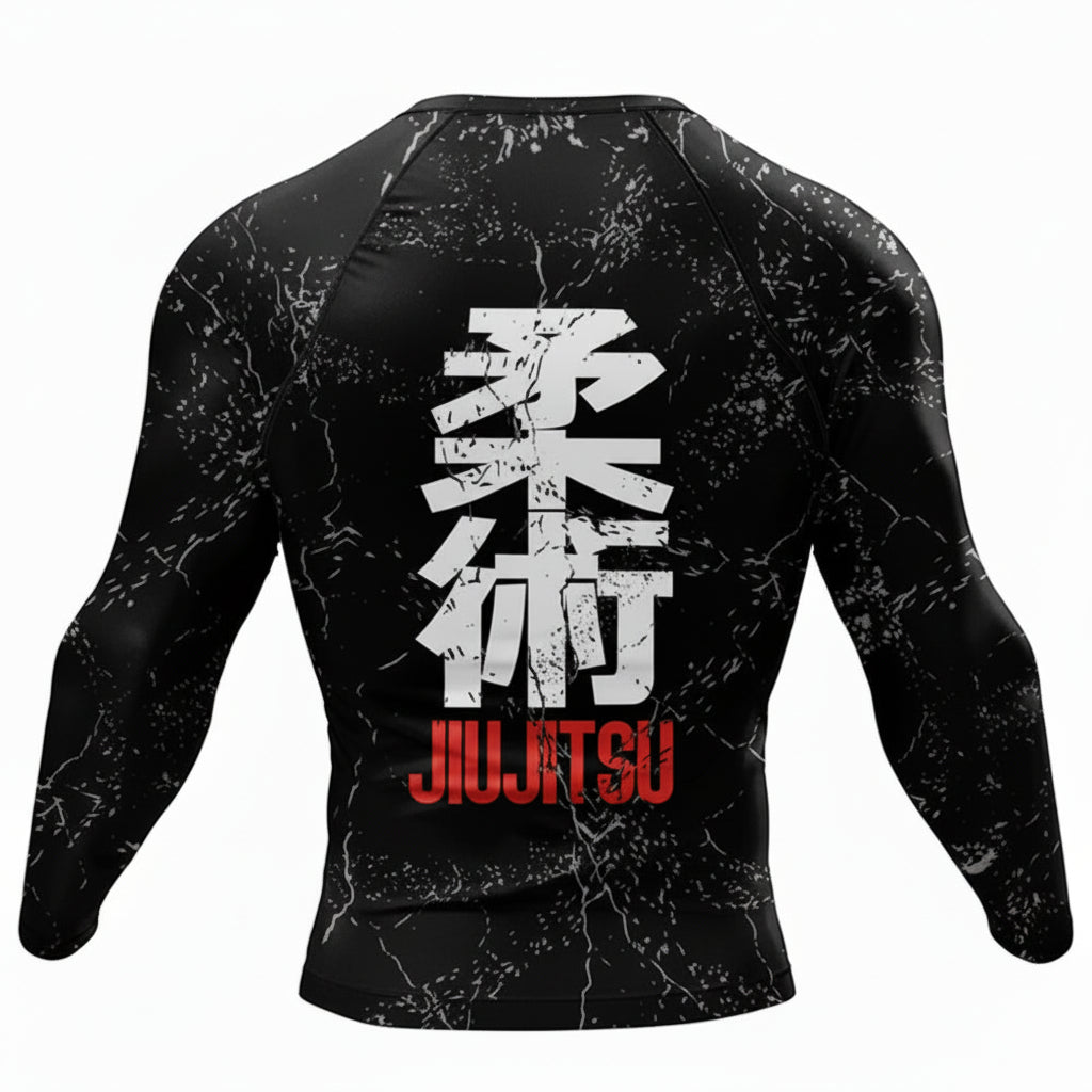 Black long-sleeve Jiu Jitsu shirt with white and red text on a white background