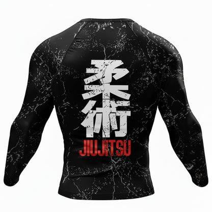 Black long-sleeve Jiu Jitsu shirt with white and red text on a white background