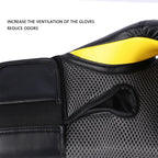Black boxing glove with yellow accent and mesh ventilation on a white background
