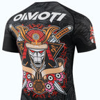 Black short-sleeve rash guard with a large Japanese samurai graphic on the back, featuring red, gold, white, and pink details, with the OIMOTI brand logo printed on the upper back and shown in the top left corner.