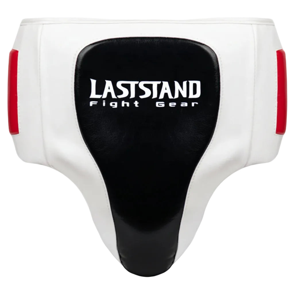 White and black protective gear with red accents and 'LastStand Fight Gear' branding on a white background.
